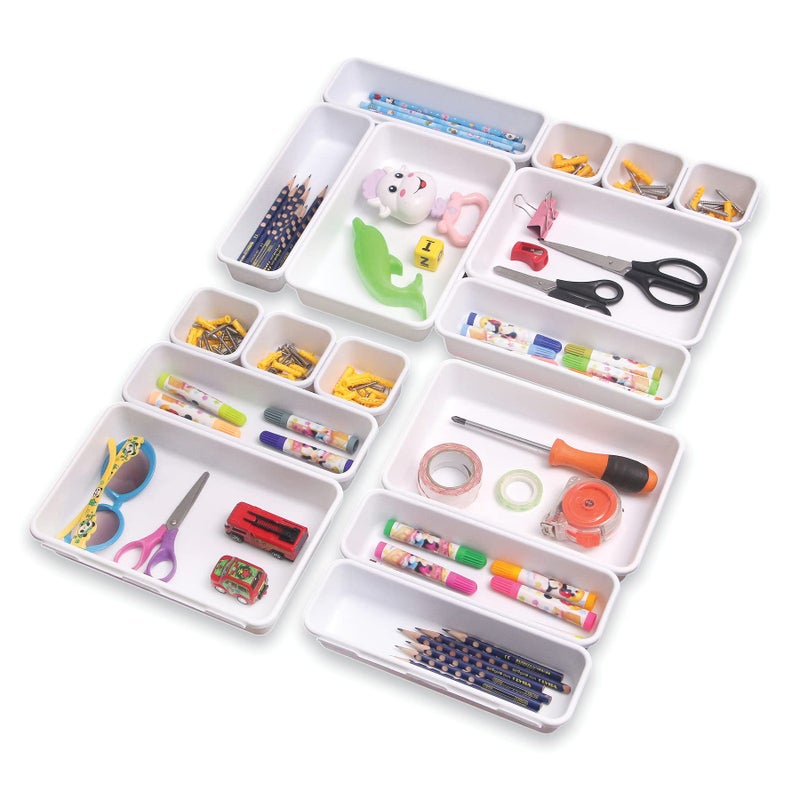 TENABORT Set of 16 Interlocking Desk Drawer Organizer Tray Dividers Plastic Shallow Narrow Drawers Organizers Separators Storage Bins Container for Kitchen Bathroom Makeup Office Vanity Bedroom Dresser White - Image 1